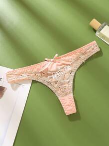 5pcs/Set Women Low Rise Lace Patchwork Panties, Comfortable Sexy Contrast Color Hollow Out Thong Briefs - Multicolor - View 3