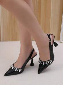 Women's Pointed Toe High Heel Shoes, Rhinestone Chain Decor, Elegant Design With Open Heel