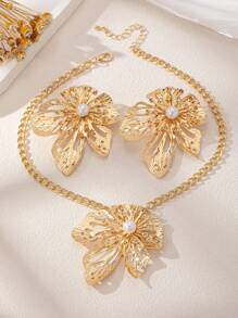 3pcs/Set Gold Hollow Floral Earrings & Necklace Set, Elegant Versatile Design, Suitable For Women's Daily, Party, Casual, Holiday Wear - Yellow Gold - View 3