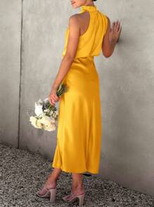 Women's Summer Satin Dress Elegant Sleeveless Fake Neckline Cocktail Gown - 黃色 - 查看 2