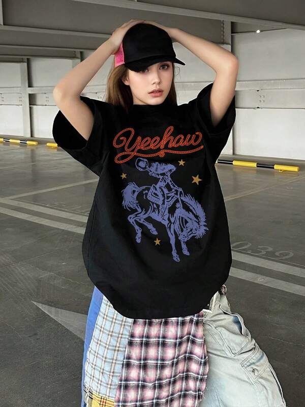 Women TShirts Graphic Tee Sleeve Summer Simple Leisure Short Sleeve Riding Girl Cool Old Street Retro Style Round Neck Oversized Tshirt Tops