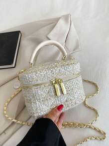 1 件极简主义迷你羊毛毡挎包、手提包、箱包、单肩包、优雅链带水桶包 - 米色 - 查看 1