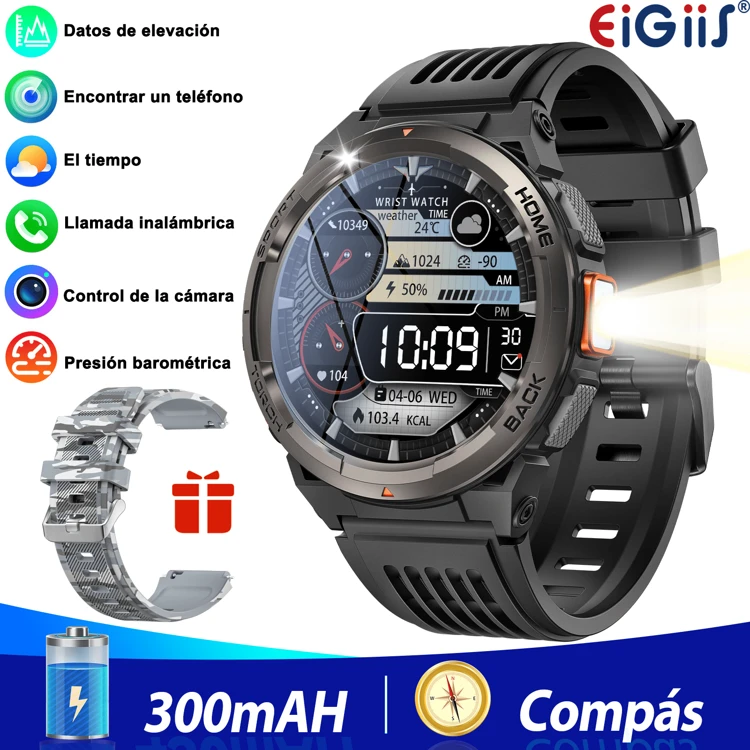 Reloj inteligente resistente HD de 1.45 "con 2 Straps 3ATM reloj inteligente resistente al agua para hombres con linterna LED con batería grande de 530mAh brújula barómetro de altitud SOS alarma rastrefitness para IPhone Android - Botones grises + camuflaje gris - Añade 1
