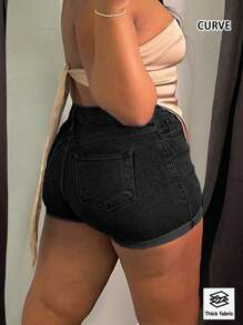 New Arrival European & American Casual Rolled Hem Stretch Plus Size Women Denim Shorts - 黑色 - 查看 1