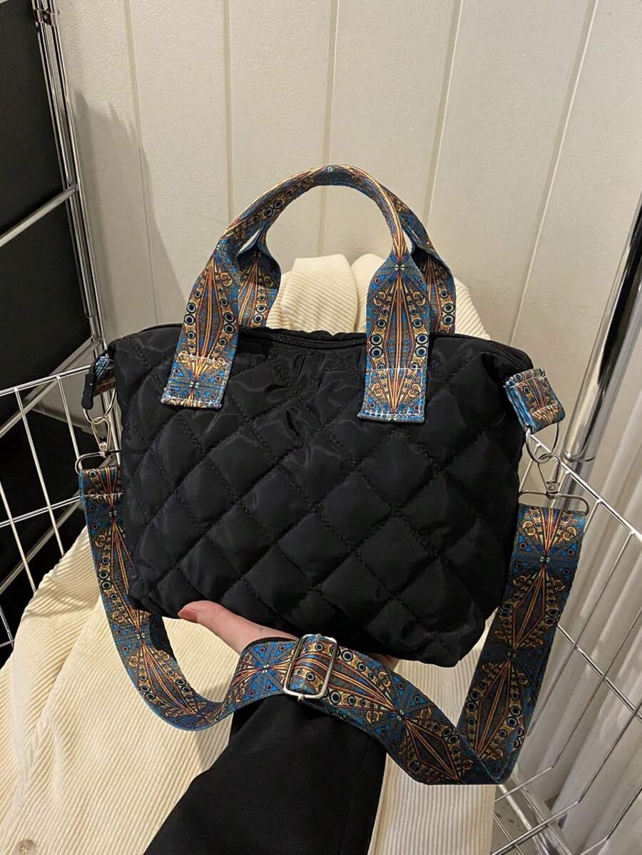 Stylish Quilted Nylon Crossbody & Shoulder Bag For Girls - , Casual With Zip Closure, Polyester Lining, And Adjustable Patterned Strap - Perfect For Everyday Use - Black - View 1