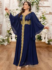 Đầm cỡ lớn cổ chữ V đính sequin, ren hoa, tay áo choàng phối màu tương phản, chất liệu chiffon, thích hợp cho dạ hội, tiệc cưới, ngày lễ tình nhân, tiệc trang trọng, phù hợp cho các dịp như sinh nhật, dạ hội, tiệc tùng mùa xuân. - Màu xanh hải quân - Xem 4