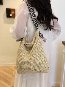 Minimalist Large Capacity Magnetic Closure Design Straw Tote Shoulder Bag, Versatile For Daily Outings, Beach, Vacation