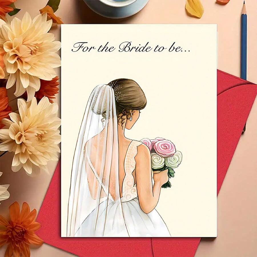1pc Inspirational Greeting Card With Envelope - 6.29" X 4.33", Charming Cartoon Bridal Wedding Greeting Card With Envelope - Perfect For Engagements, Anniversaries