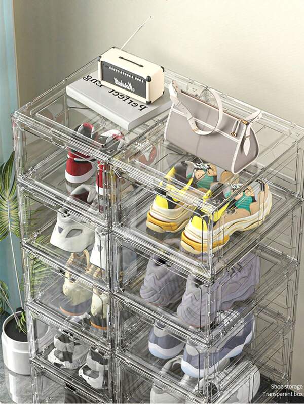 Upgraded Stackable Transparent Shoe Box, Display Storage Box, Clear Plastic Drawer Shoe Box, Shoe Rack, Shoe Cabinet, Suitable For Office & Home Display And Storage, Transparent, Black