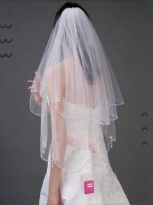 1pc White Waist & Hip Veil With Multi-Layer Handmade Beaded Embroidered Details, Water-Drop Rhinestone Design, Bridal Veil, Dual-Layer Net Veil With Bead Headpiece, Suitable For Wedding, Banquet, Performance, Cosplay, Photography Props, Elegant Retro Style With Comb Fall Clothes For Women - Multicolor - View 3