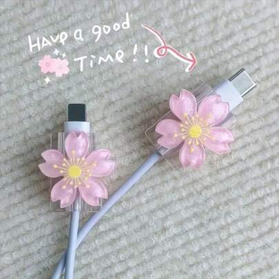 2pcs Cute Sakura Shaped Charging Cable Protector, TPU Material, No Battery Included, Universal, Charging Cable Accessory, Phone Accessory