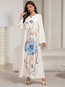 Modest Long Printed Kaftan Printed Women's Dress From Blended Fabric, Long Loose Arabian Dress, Abaya - Multicolor - View 4
