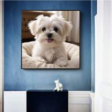 1pc White Dog Theme Round Diamond Painting Kit - Full Drill Diamond Art Canvas DIY Mosaic Craft Set, Including Pen, Glue, Diamond Tray, Diamond Beads. Suitable For Diamond Painting Lovers, Home Wall Decor Gift And Stress Relief