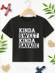 Boys "Kinda Sweet Kinda Savage" T-Shirt Tee Top Short Sleeves Crew Neck Summer Casual Kids Clothes - màu đen - Xem 2