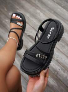 Women's Thick Sole Platform Sandals, Black Beach Sandals, Casual & Versatile Roman Slip-On, Summer
