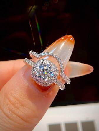 2Pcs/Set 1ct 4 Claw Design Colorless Moissanite Diamond Princess Square Couple Adjustable Rings Set Ladies Engagement Ring S925 Sterling Silver Simple Romantic Couple Ring Eternity Ring Wedding Anniversary Ring Luxury Jewelry Gift