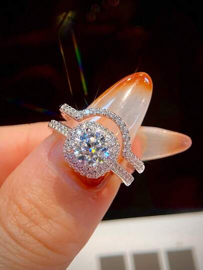 2Pcs/Set 1ct 4 Claw Design Colorless Moissanite Diamond Princess Square Couple Adjustable Rings Set Ladies Engagement Ring S925 Sterling Silver Simple Romantic Couple Ring Eternity Ring Wedding Anniversary Ring Luxury Jewelry Gift