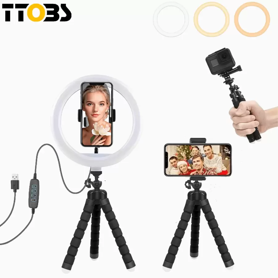 1 个自拍灯、8 英寸自拍环形灯、三脚架和灵活手机支架、可调光 LED 灯座，适合生日/复活节/总统日/男孩/女孩的礼物 - 彩色 - 查看 1