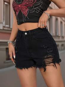 Shorts Denim Desgastados de Cintura Alta na Moda com Franjas