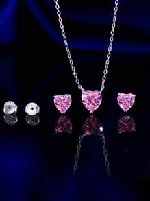 1 Set 5A Grade Cubic Zirconia 925 Sterling Silver Classic Heart Shaped Pink Pendant Necklace And Earrings, Engagement, Daily Party Jewelry Sets For Women, Anniversary Holiday Gifts