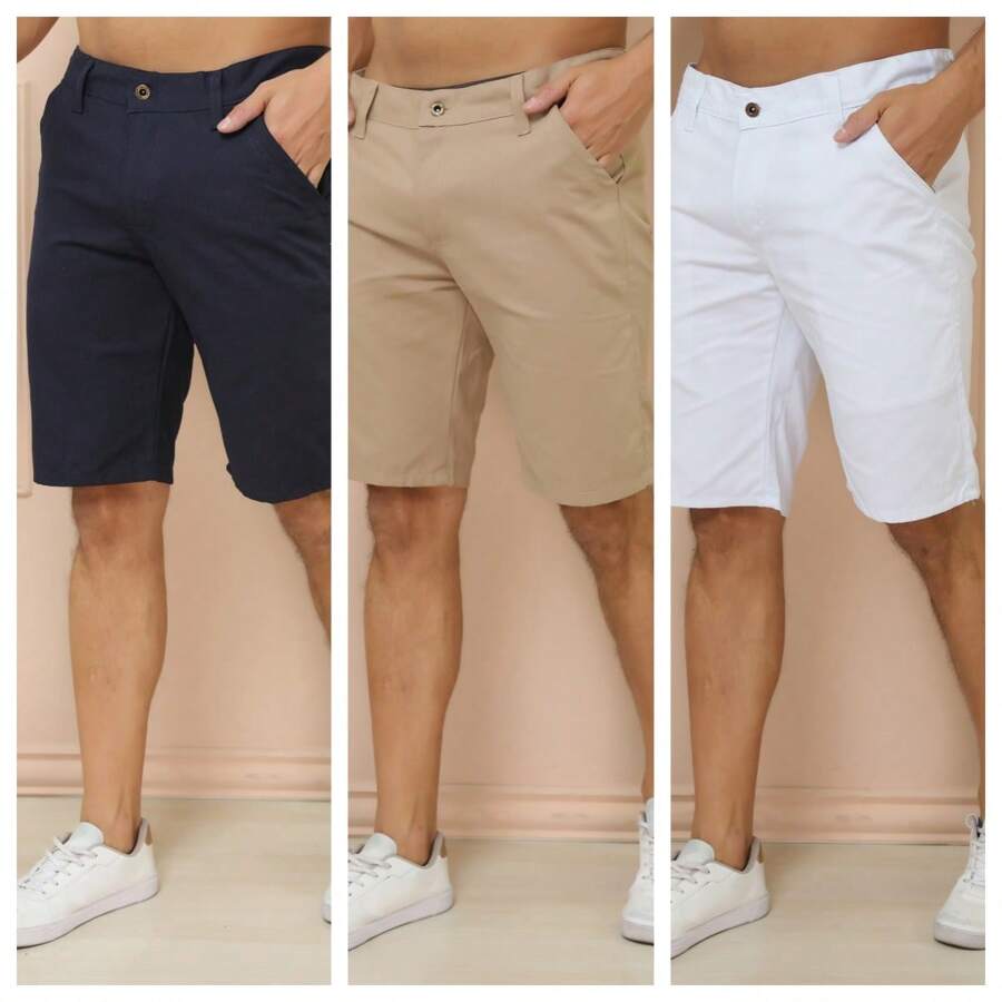 Kit 3 Men's Twill Shorts With Built-In Pocket, Premium Economy - Azul Marinho+Caqui+Branco - View 1