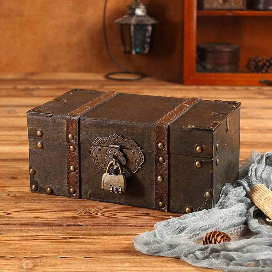 Vintage Wooden Storage Box, Photography Prop Treasure Chest, Jewelry Box, Home Document Password Box, Wooden Storage Box, Christmas & Halloween Gift Box - Retro Wood Grain - View 1
