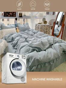 浅蓝色奶油色柔软荷叶边针织三件套床上用品（1 个羽绒被套 + 2 个枕套），适用于卧室和客房 - 淺藍色 - 查看 3