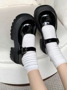 Dam vintage Chunky Sole Black Mary Jane Flats, modependlarskor för klänningar, vår och höst - Svart [ljust läder] - Visa 2
