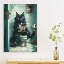 Framed Humorous Black Cat On Toilet Reading Newspaper Canvas Art Print - Unique Bathroom Wall Decor For Cat Lovers - Canvas Poster - Framed - View 5