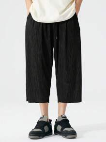 Calça capri plus size preta de seda cintura alta, adequada para o verão - Preto - Ver 2