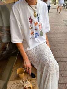 Camiseta de manga corta con cuello redondo, estilo casual y versátil de mujer para verano, con estampado de flores, langosta y vida marina, en estilo playero y callejero, de corte oversize