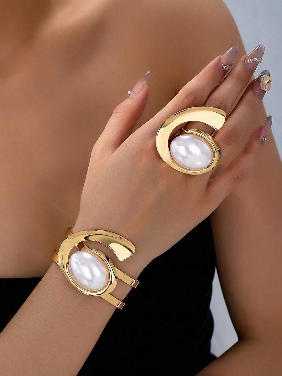 1 Set Cuff Bracelet Ring Set Geometric Matching Bangle Cuff Rings ...