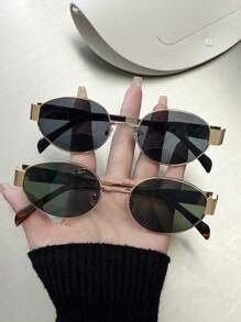 1pc/2pcs/3pcs/6pcs Oval Fashion INS Street Style Retro Sunglasses UV Protection Metal Frame Black Sunglasses With Travel Beach Accessories, Women - Multicolor - View 11