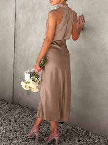 Women's Summer Satin Dress Elegant Sleeveless Fake Neckline Cocktail Gown - Champagne - View 2