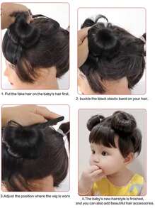 Synthetic Children Baby Headband Wig With Bangs Bun Newborn Princess Wig Headband Children Hair Accessories Golden Brown - Brown - View 6