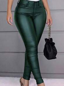 Apperloth A Plus Size High Waist PU Leather Leggings With Thermal Lined, Stretchy - 墨綠色 - 查看 1