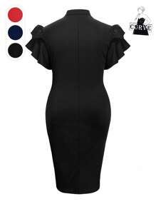 Đầm ôm dáng cổ cao tay bướm cỡ lớn, trang phục mùa hè nữ, màu đen thanh lịch. - màu đen - Xem 3