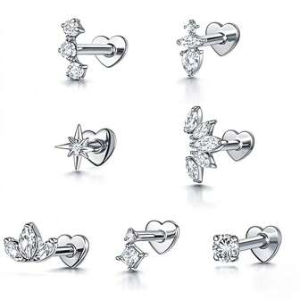 925 Sterling Silver Rhinestone Heart & Eight-Pointed Star Cartilage Stud Earrings, New Threaded Design, In Vogue