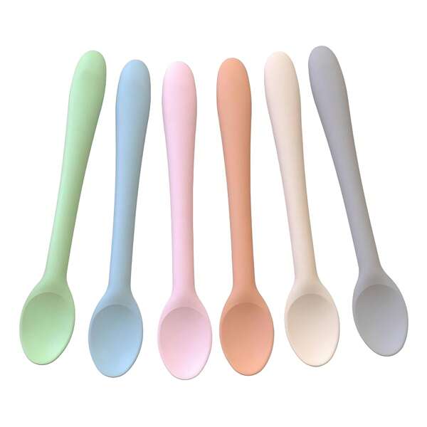 Set de 6 cucharas de silicona flexibles, cucharas de iniciación de silicona para bebés, ayuda a los bebés a aprender a alimentarse por sí mismos, cucharas seguras de volteo para bebés, fomentan la alimentación independiente, adecuadas para niños y niñas, para uso en casa o de viaje