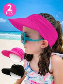 2 件装儿童女孩夏季帽子，遮阳帽，宽边夏季防紫外线沙滩帽，弹力镂空顶款式