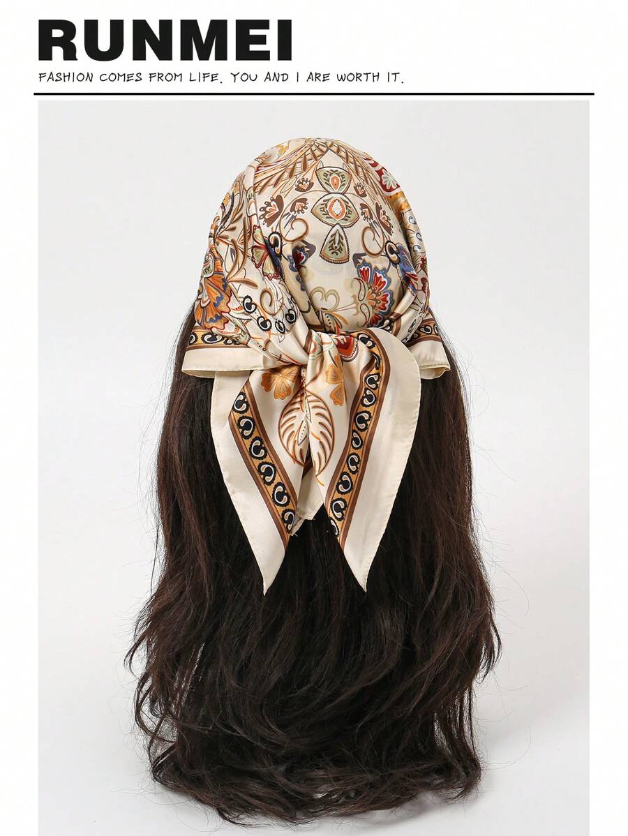 1pc Vintage Printed Lady's Silk Scarf, Soft & Elegant Headband For All Seasons, Multi Purpose Large Square Scarf 70*70cm, Perfect Gift Bandana,Hair Band,Head Band Ideal For Dressing Up Your Look - Beige - View 1