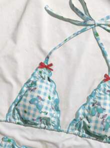 2pcs/Set Women Plaid Print With Red Bow Bikini Set, Casual Beach/Pool Summer Swimwear - Teal - View 6