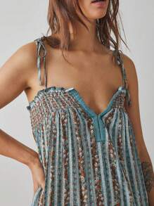 Women Boho Floral Loose Overalls Retro Sleeveless Tie Up Boat Neck Ruched Spaghetti Strap One  Piece Cami Jumpsuit Baggy Long Romper Playsuit Hippie Pants Summer Beach Vacation Bohemian Clothes - Màu xanh lam - Xem 4