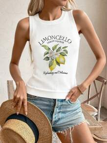Spring And Summer New Round Neck Women Vest Lemon Pattern Print ,White Summer T Shirts,Simple Stylish,Suitable For Commuting,Summer Women Tops - White - View 1