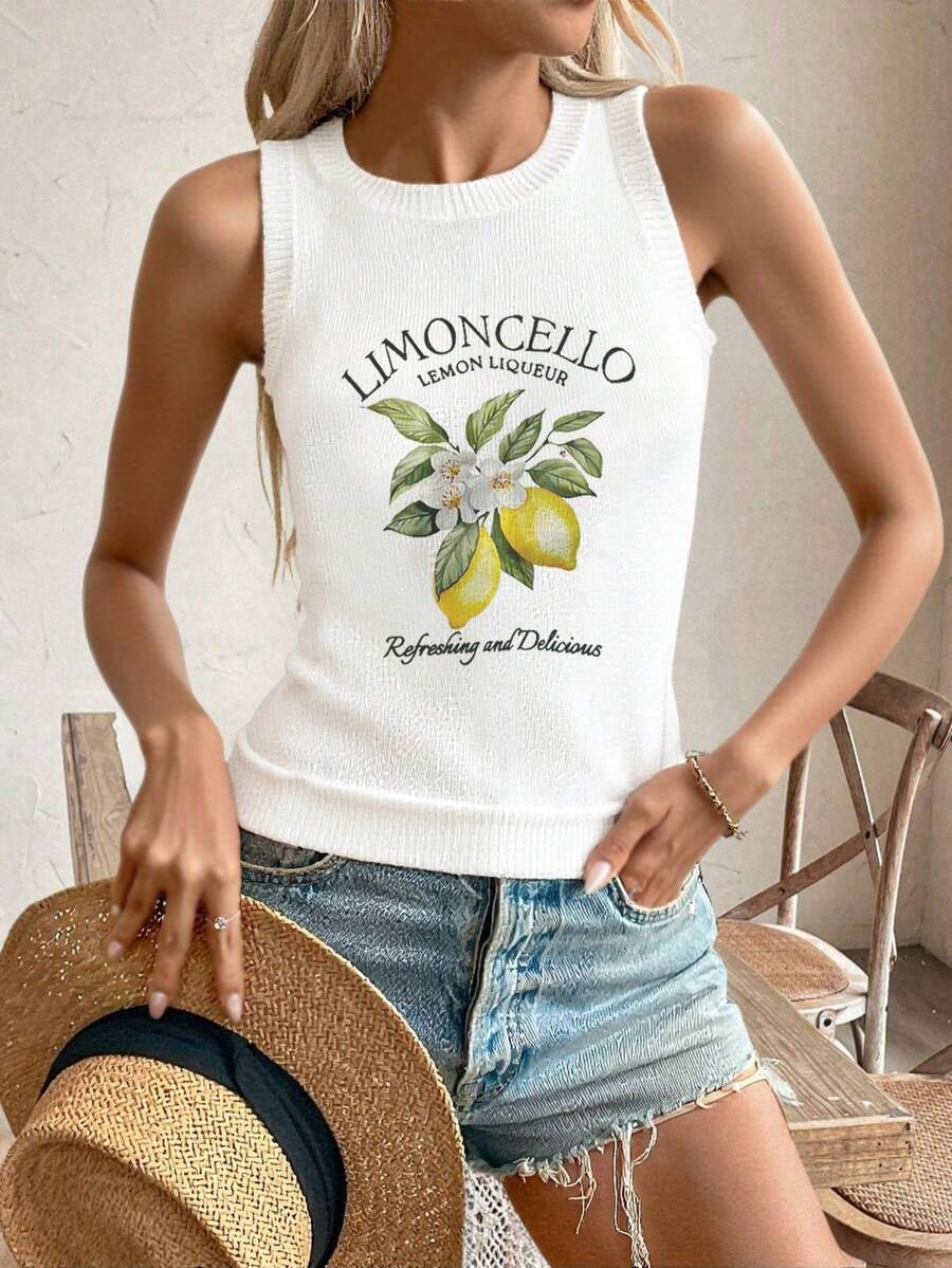 Spring And Summer New Round Neck Women Vest Lemon Pattern Print ,White Summer T Shirts,Simple Stylish,Suitable For Commuting,Summer Women Tops - White - View 1