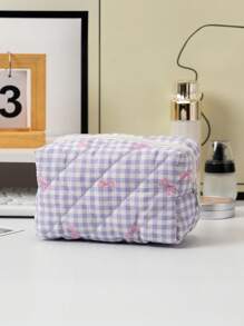 1 Stück neue karierte Schleifen Großraum-Clutch Aufbewahrungstasche, Münztasche tragbar, frisch und einfach, japanischer und koreanischer Studenten Beliebte Aufbewahrungstasche für Ausweise, Kosmetika, Datenkabel. Süßer, mädchenhafter Kosmetiktasche