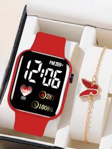 2 pièces/Set: 1 pièce Montre numérique Cœur de bande dessinée et Carré + 1 pièce Bracelet Papillon, Cadeaux pour la Saint-Valentin, Noël, Remise des diplômes, Couples, Montre et Bracelet pour Couples