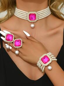 4pcs Set Luxury Exaggerated Pearl, Rhinestone, Crystal Necklace, Earrings, Bracelet Jewelry Set, Suitable For Women Wedding, Party, Holiday Gift
