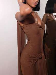 Off Shoulder Backless Bodycon Lace-Up Long Dress, Sexy & Figure-Hugging - Brown - View 5