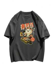 夏季新款日系复古女宽松简约日文文字寿司猫图案T恤 - 深灰 - 查看 2